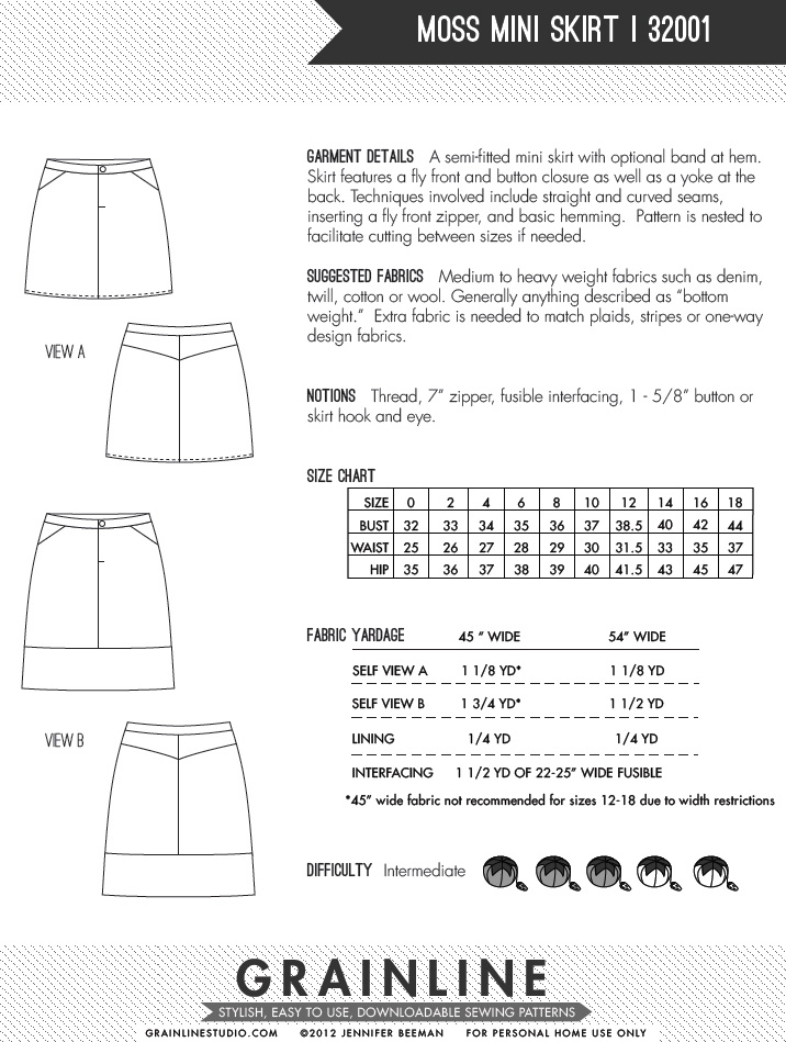 Click to magnify/shrink Grainline Studio 32001 Moss Mini Skirt Downloadable Pattern Line Drawing