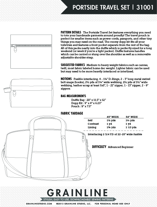 Click to magnify/shrink Grainline Studio 31009 Portside Travel Set Line Drawing