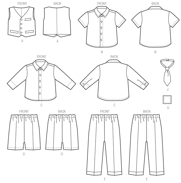 Click to magnify/shrink McCall's 6873 Infants' Vest, Shirt, Shorts, Pants, Tie and Pocket Square Line Drawing
