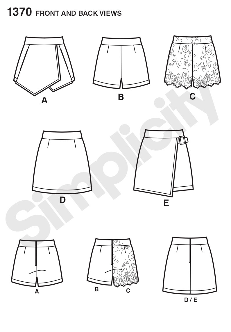 Simplicity 1370 Misses' Shorts, Skort and Skirt Line Drawing