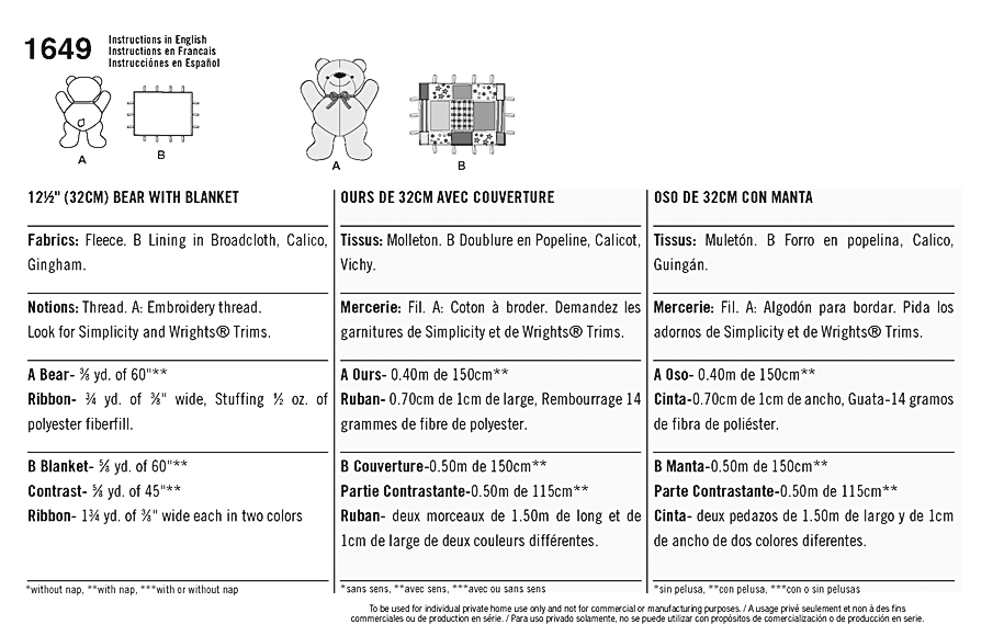 Click to magnify/shrink Simplicity 1649 Stuffed Bear and Blanket Chart