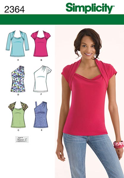  Simplicity 2364. Misses Knit Tops with one shoulder or sleeve variations