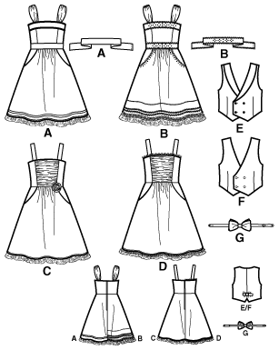 Click to magnify/shrink Simplicity 2577 Girls' Dress and Boy's Vest and Bow Tie Line Drawing