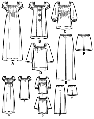 Click to magnify/shrink Simplicity 2616 Misses Dress, Top, Pants & Shorts Line Drawing