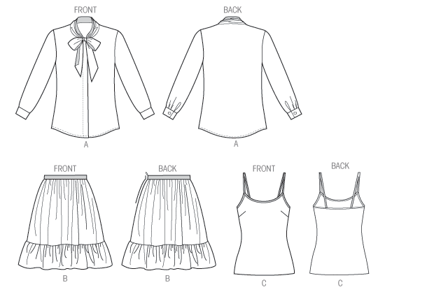 Click to magnify/shrink Vogue Patterns 1368 Misses' Shirt, Skirt and Camisole Line Drawing