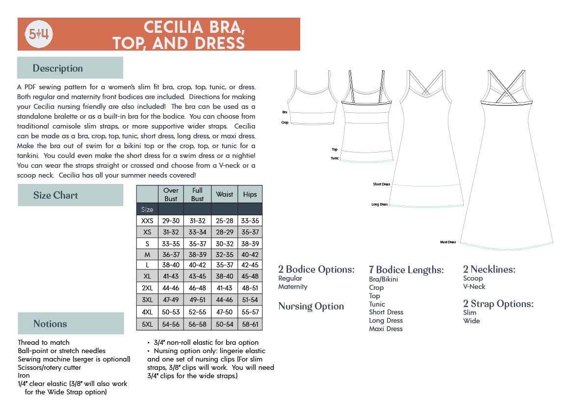 5 out of 4 Patterns Cecilia Bra, Top, and Dress Downloadable Pattern