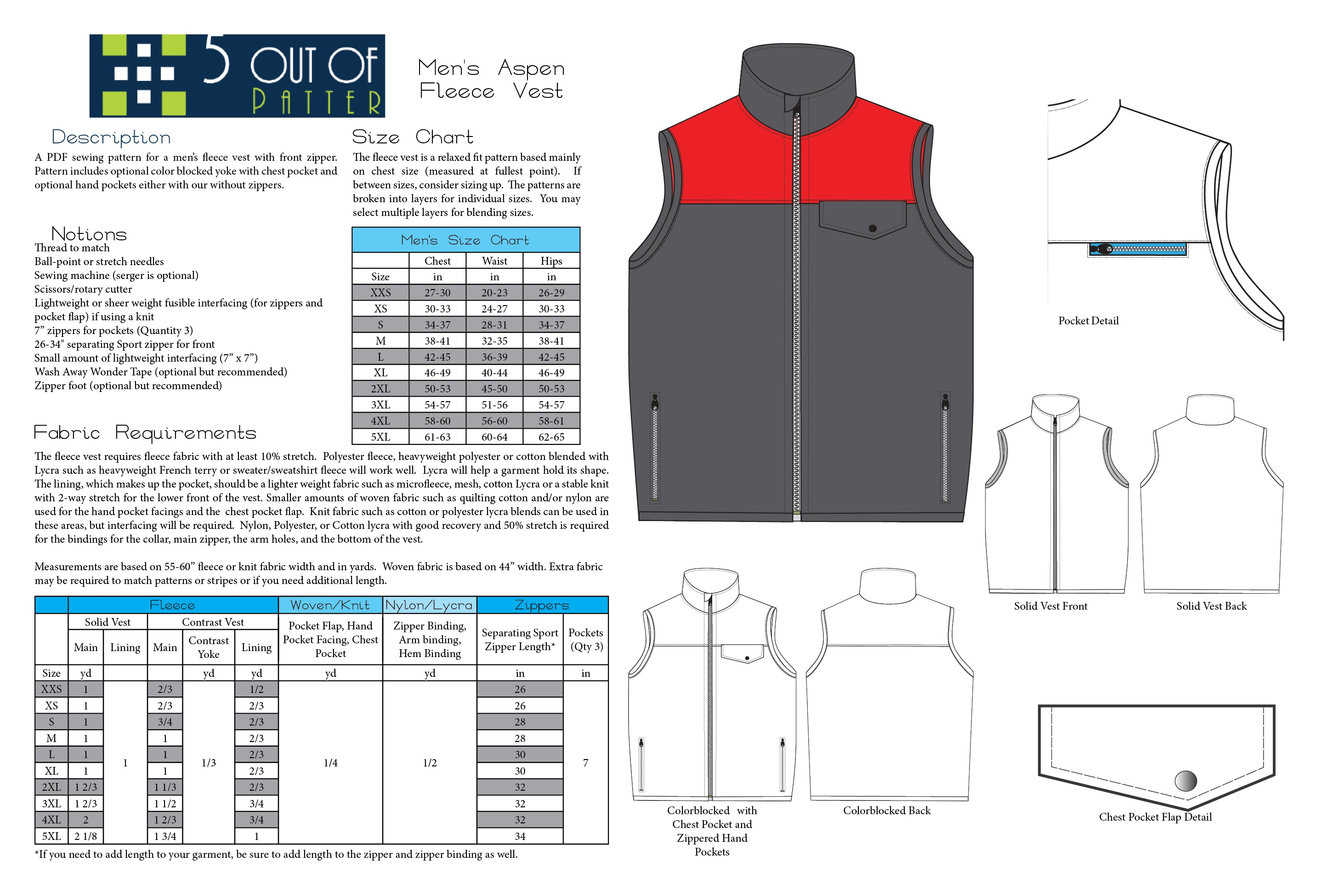 5 out of 4 Patterns Redwood Fleece Vest Downloadable Pattern