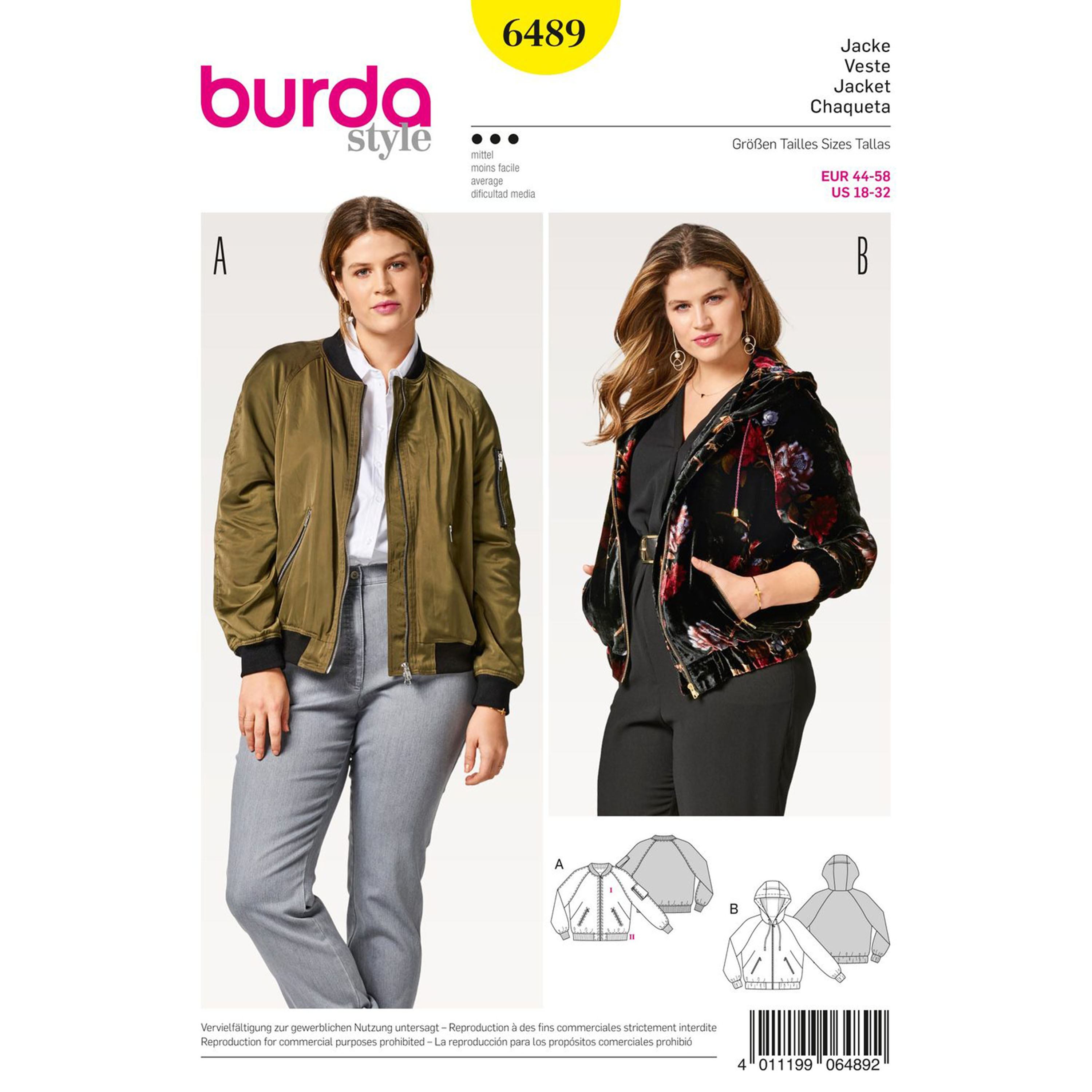 Burda Style Pattern B6489 Misses' Hooded Jacket
