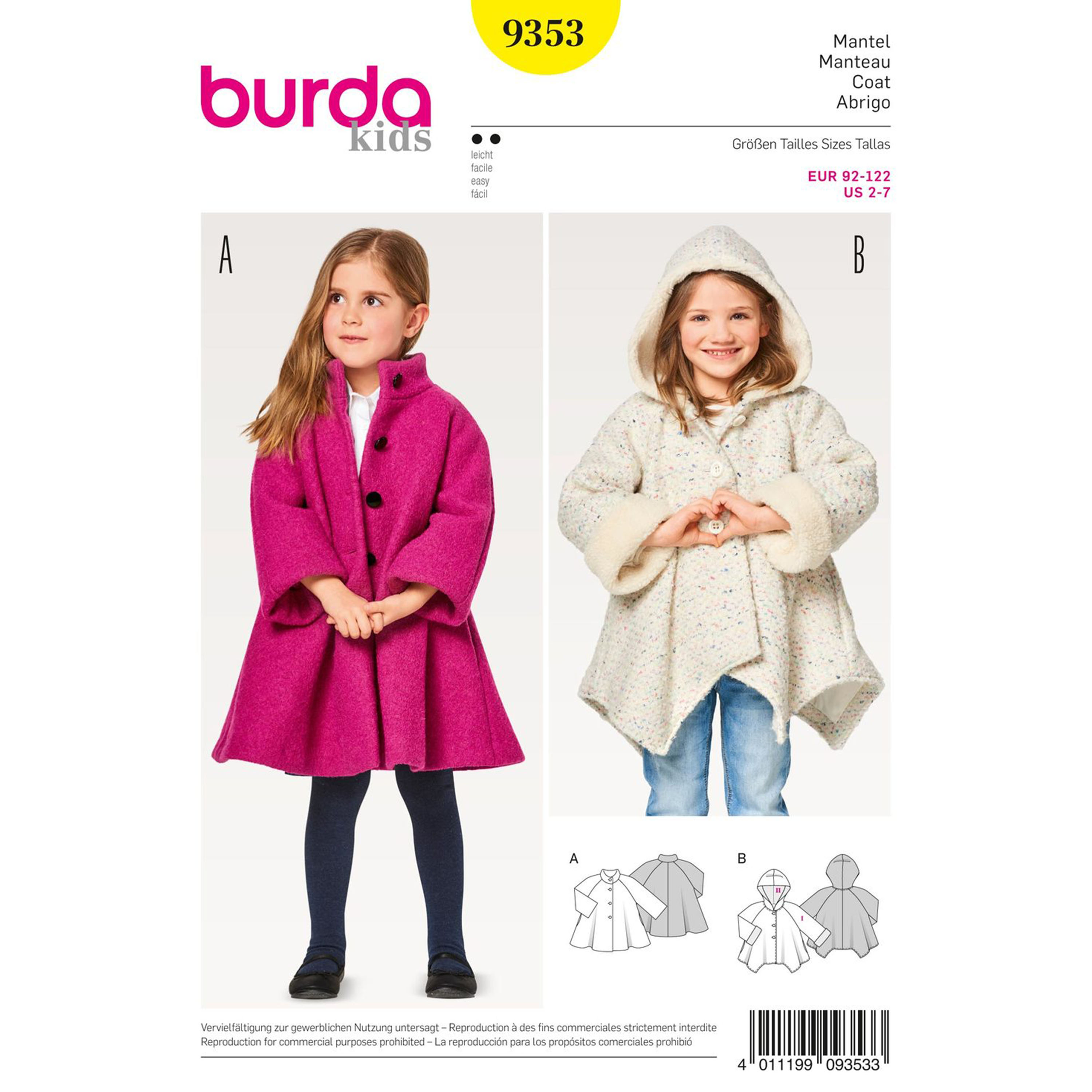 BURDA 9728  child 4-12 hooded coat uncut pattern
