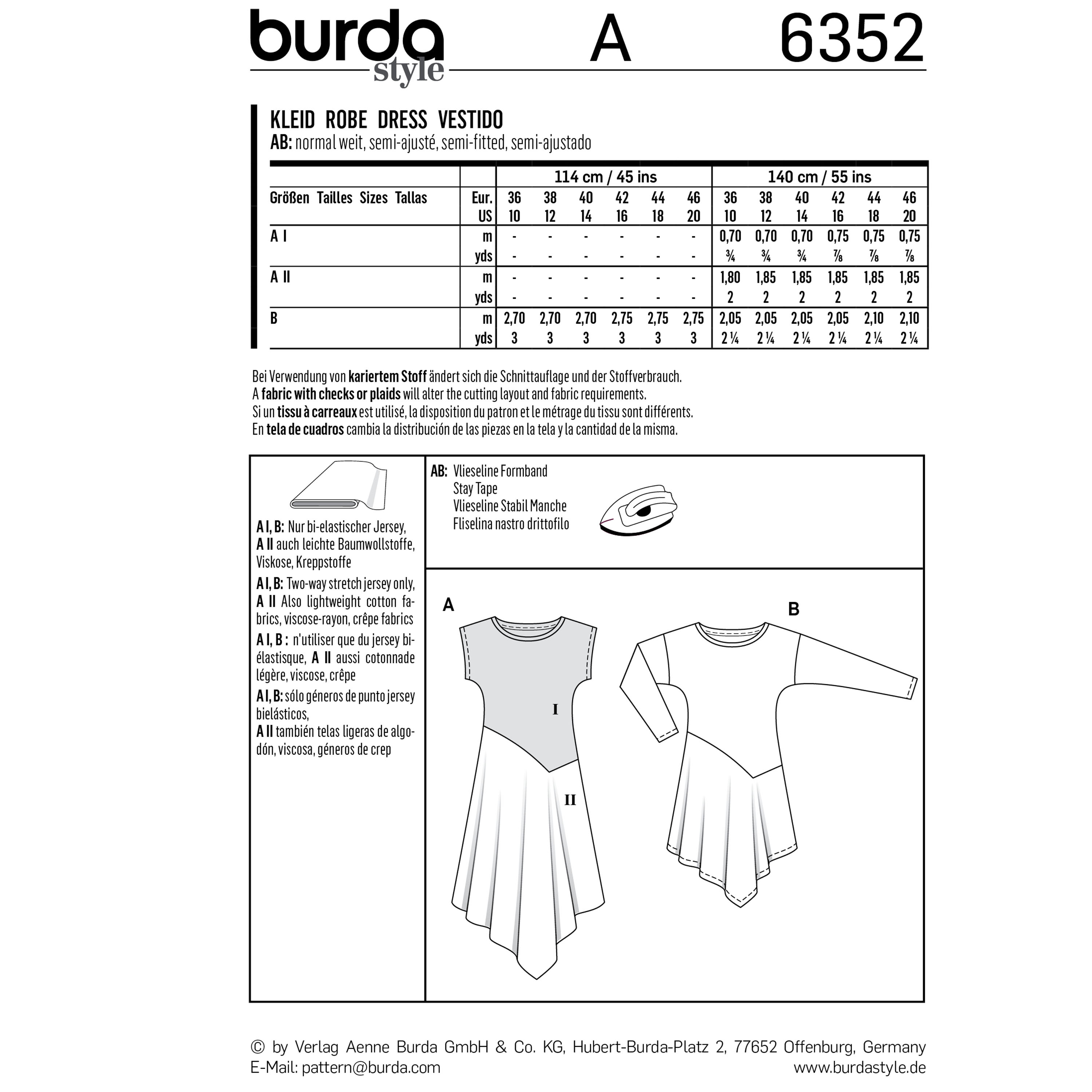Burda Sewing Pattern 6352 Dresses 10-20 