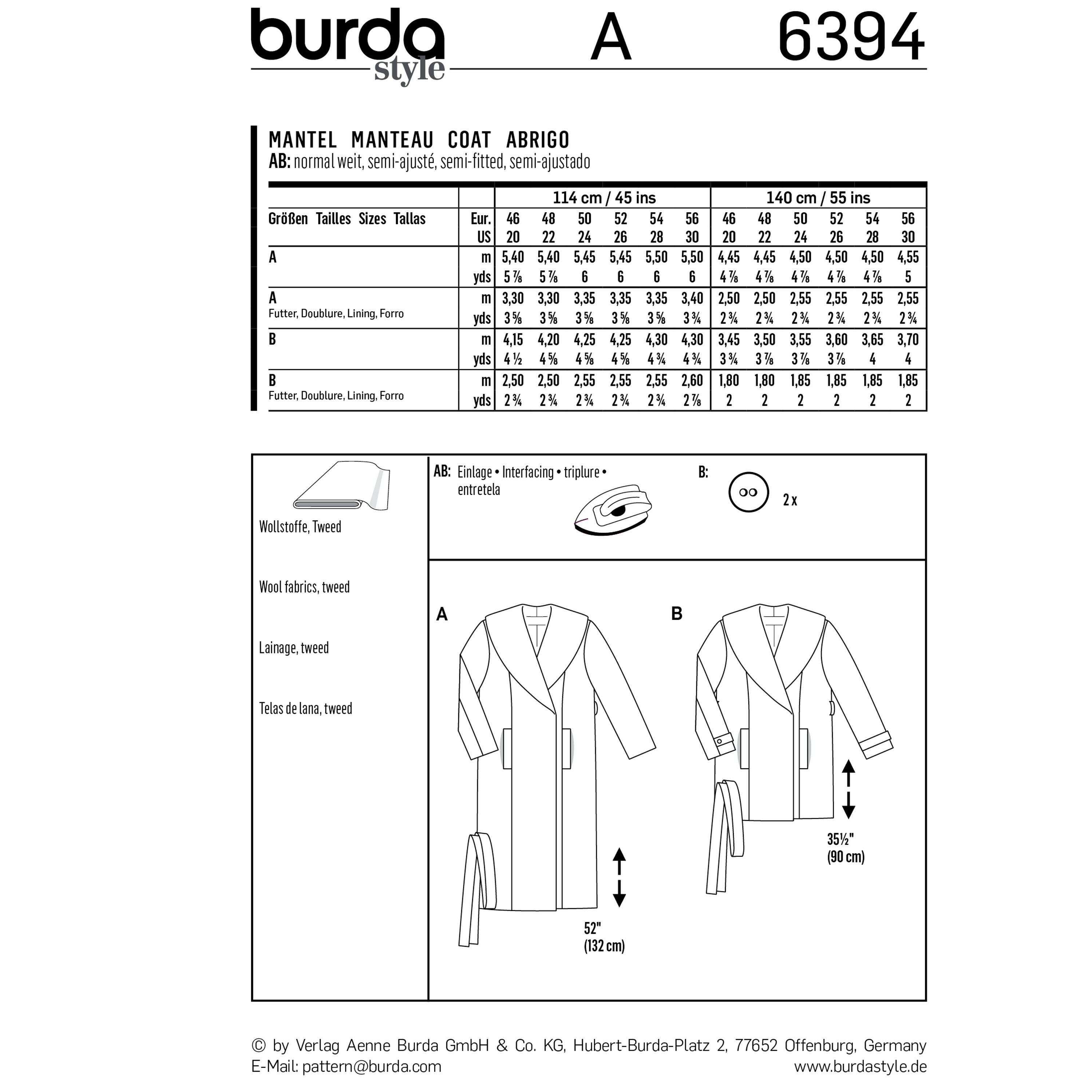 Burda 6394 Women's Wrap Coat