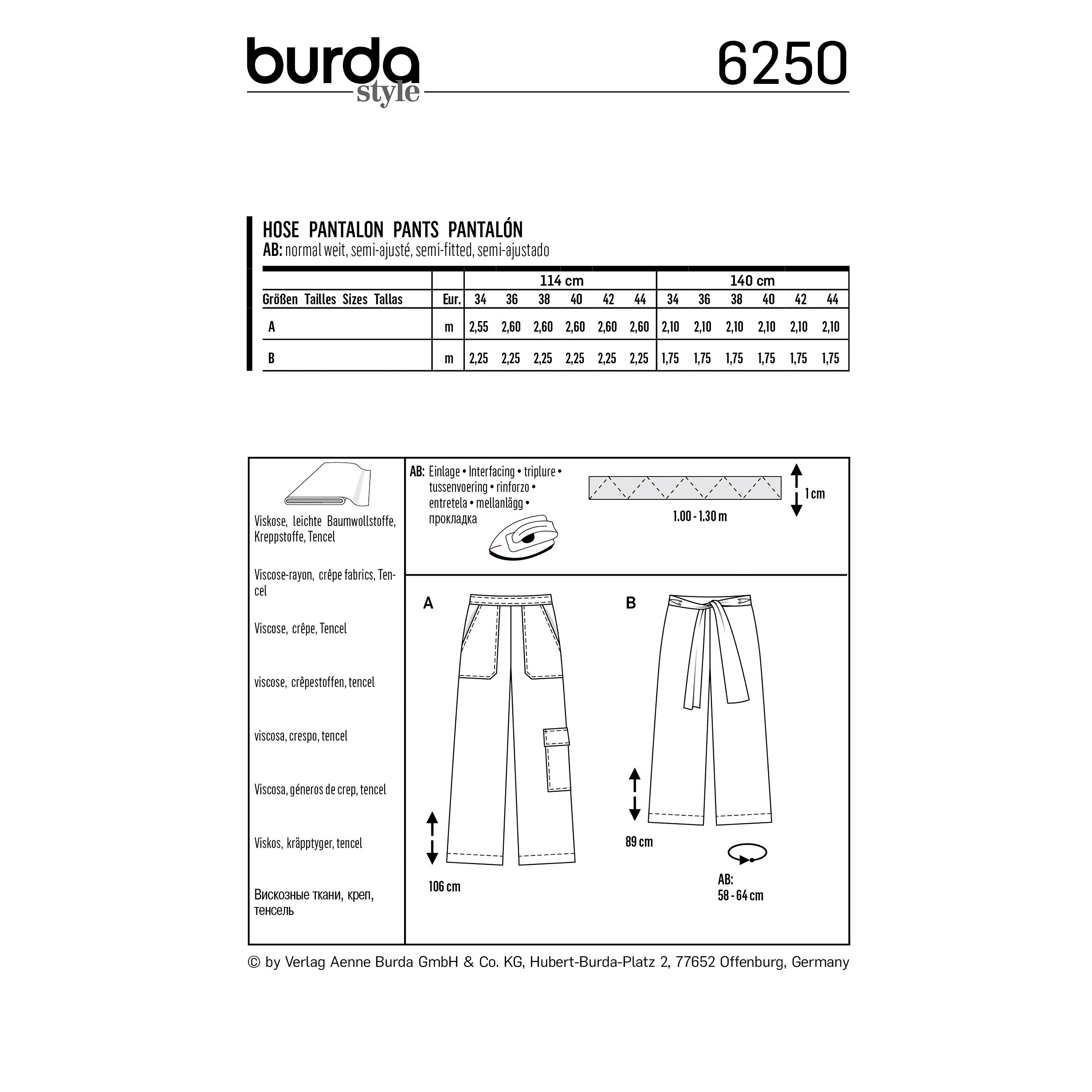  Burda Style Sewing Pattern 6250 - Misses' Pants, Pull