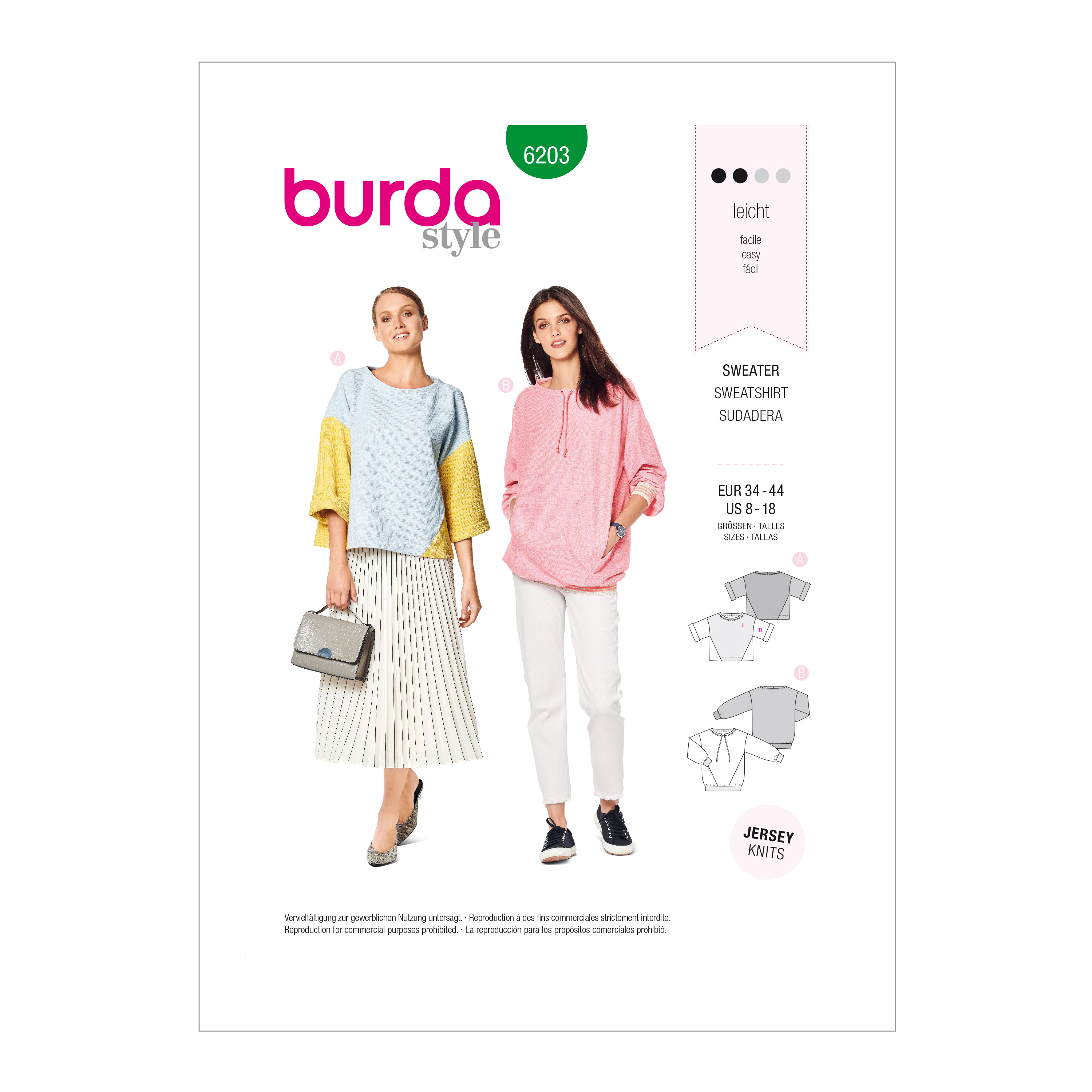 Burda 6203 Misses' Sweatshirts With Sleeve, Hem & Neckline Variations