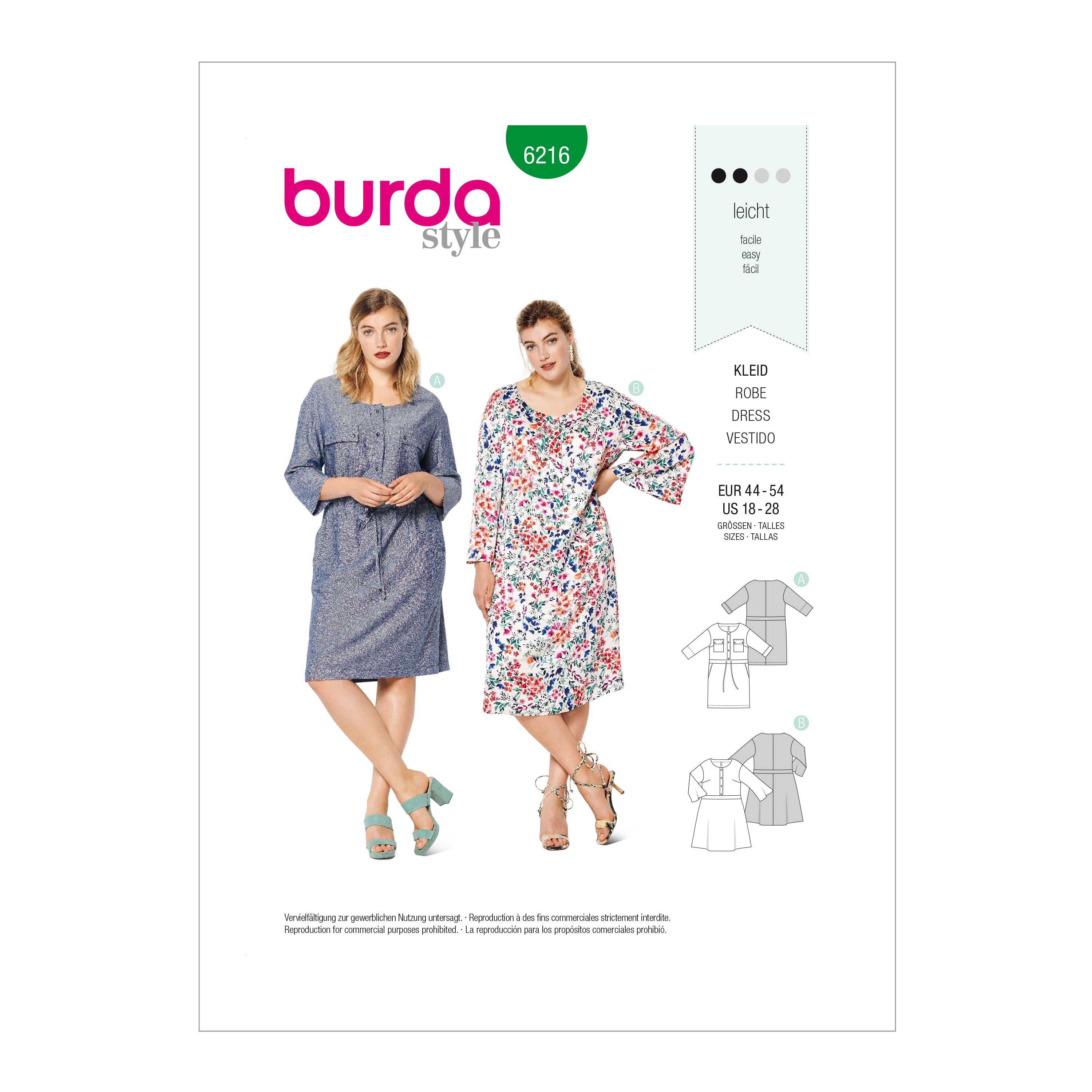 Burda 6216 Women's Dress with Front Button Fastening and a Band at the ...