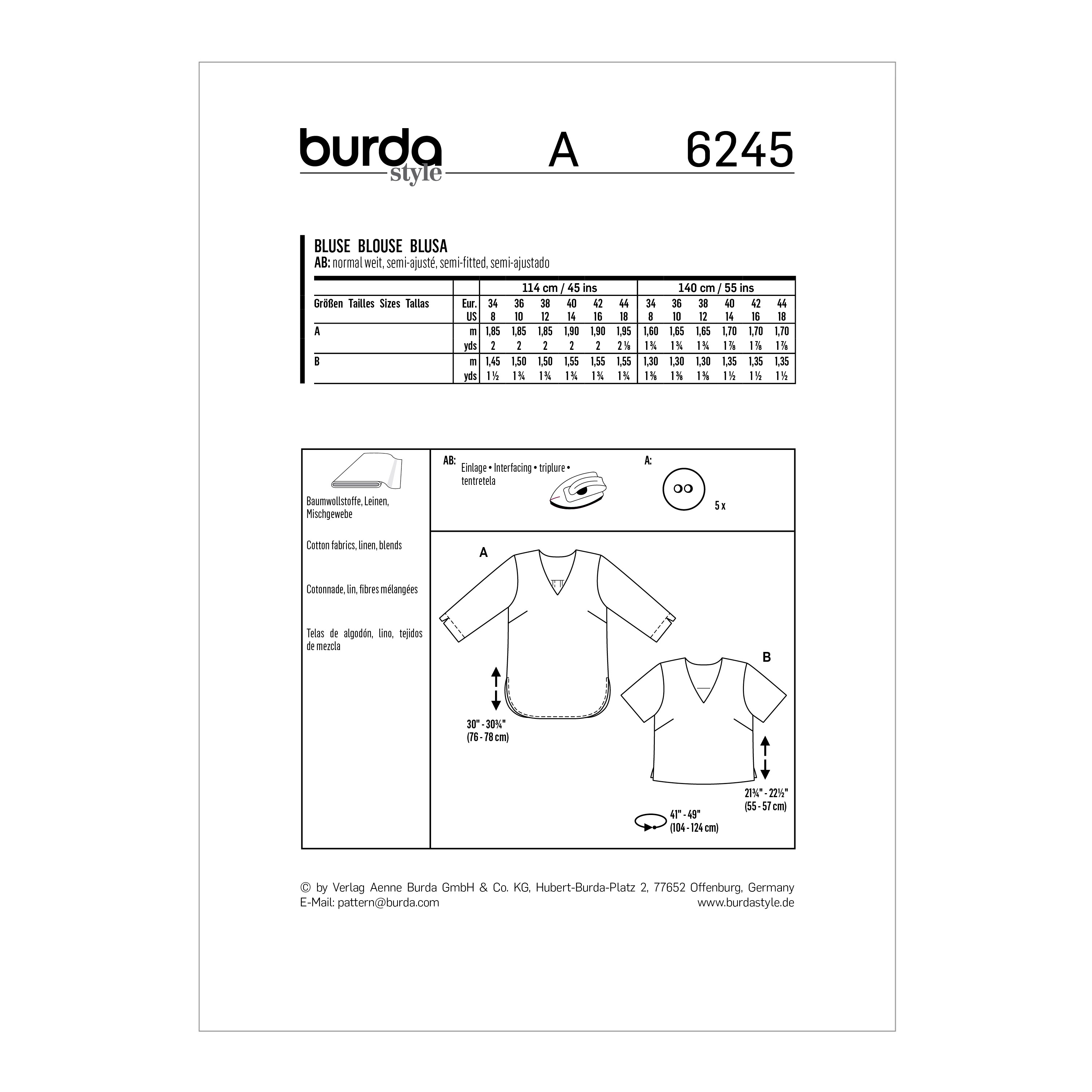 Burda 6245 Misses' Loose-Fitting Tops