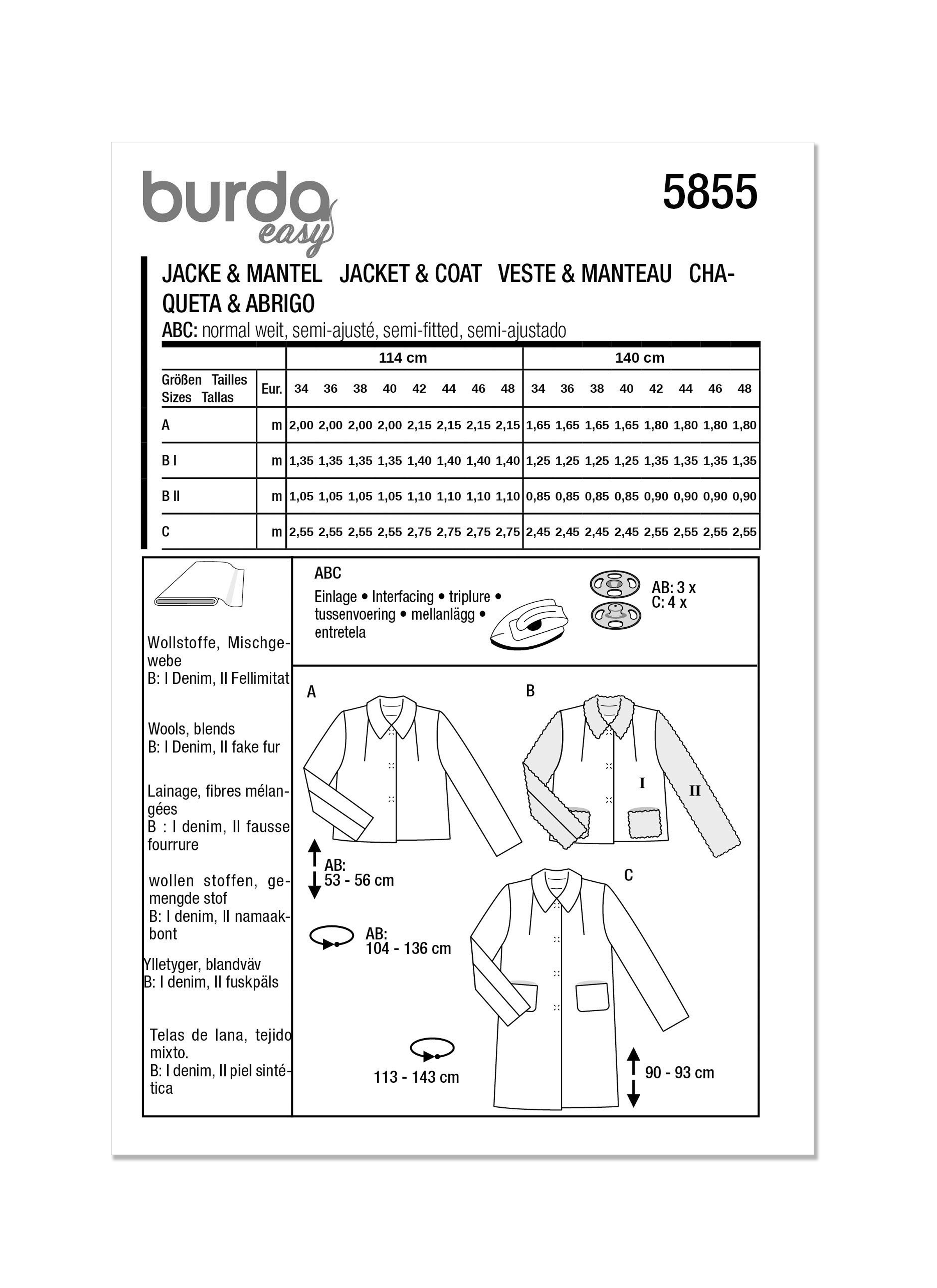 BUR6244, Burda Style Sewing Pattern Misses' Kimono-Style Coat or Jacket