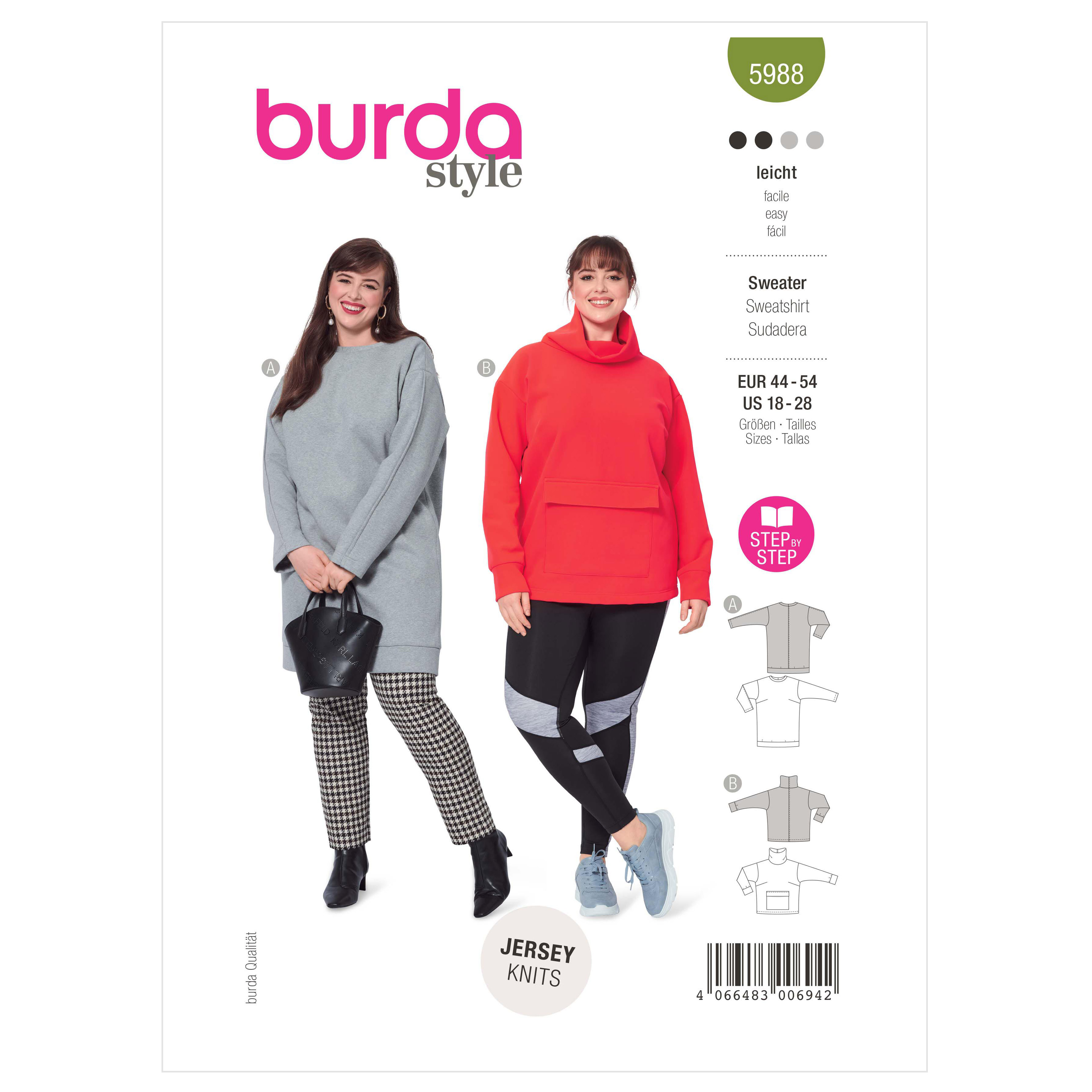 Burda 5988 Misses Sweatshirts with Neckline Band or Roll Neck Collar