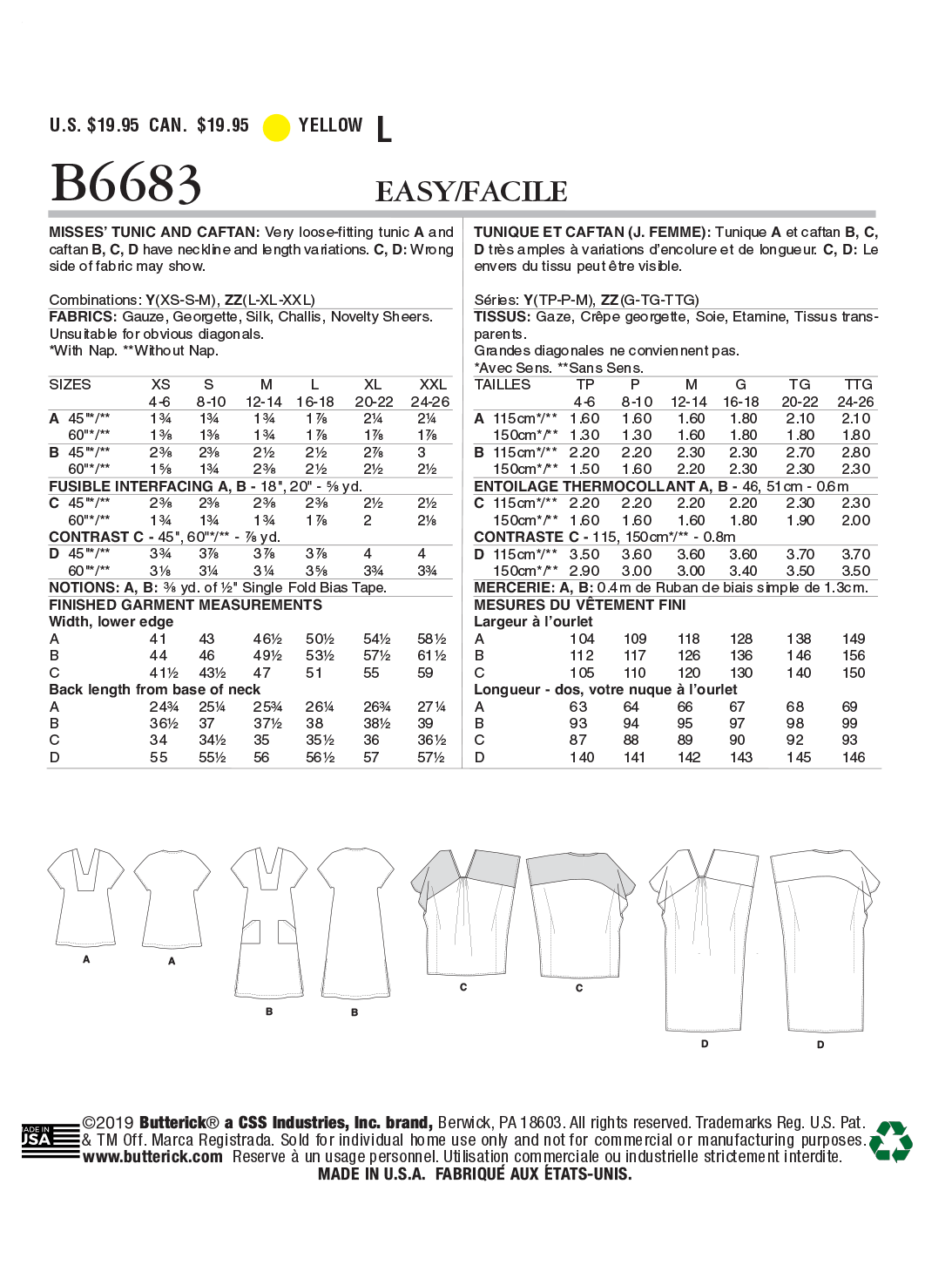 Butterick 6683 Misses' Tunic And Caftan