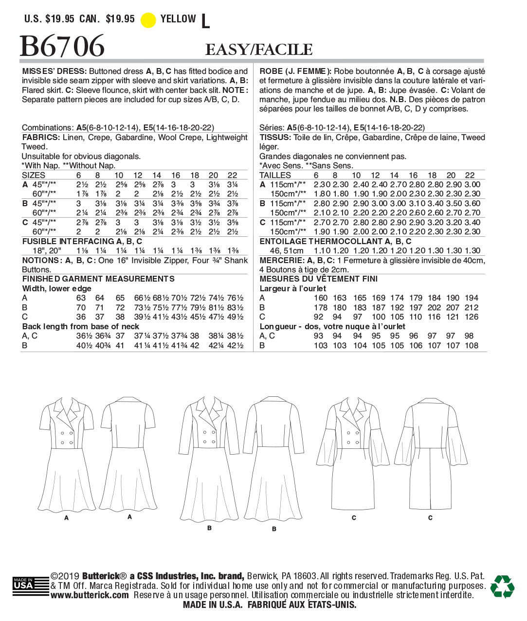 B66576  Misses' Semi Fitted Back Zip Dress Sizes 6-14 New Uncut Butterick Pattern