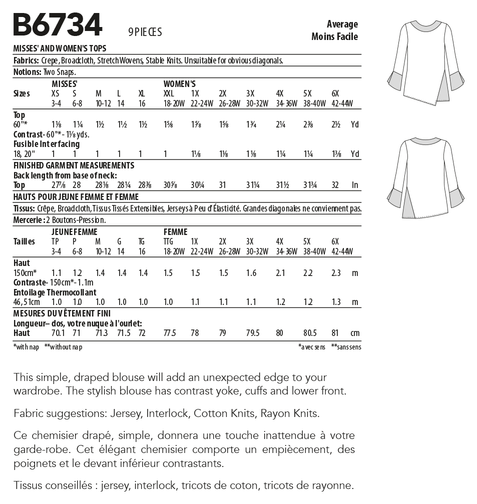 Butterick Sewing Pattern B6734 Misses' & Women's Top
