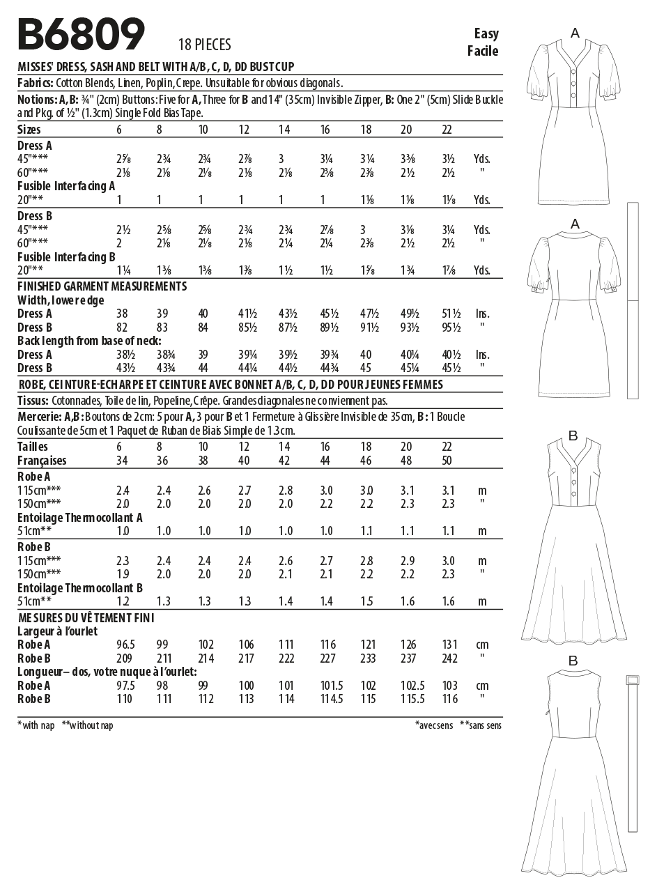 Butterick 6809 Misses' Dress, Sash & Belt