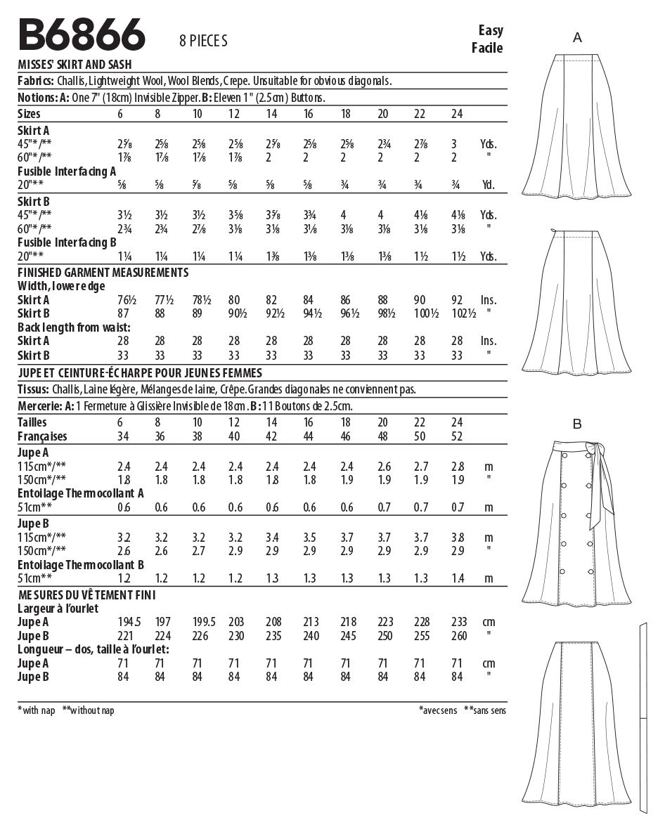 Butterick 6866 Misses Skirt And Sash 