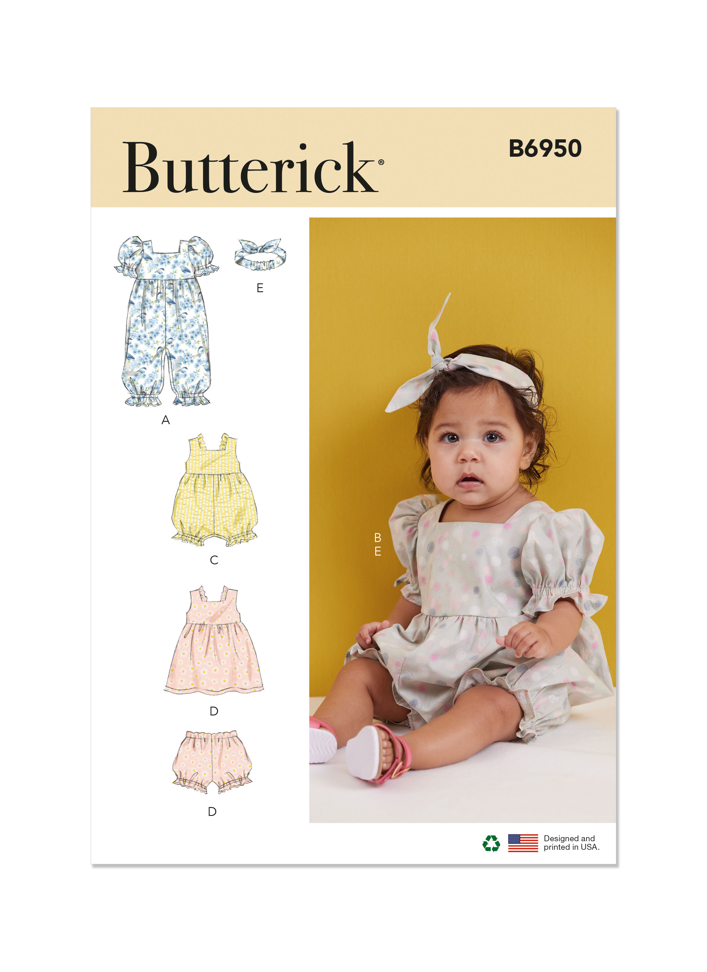 Butterick 6950 Babies' Rompers, Dress, Bloomers and Headband