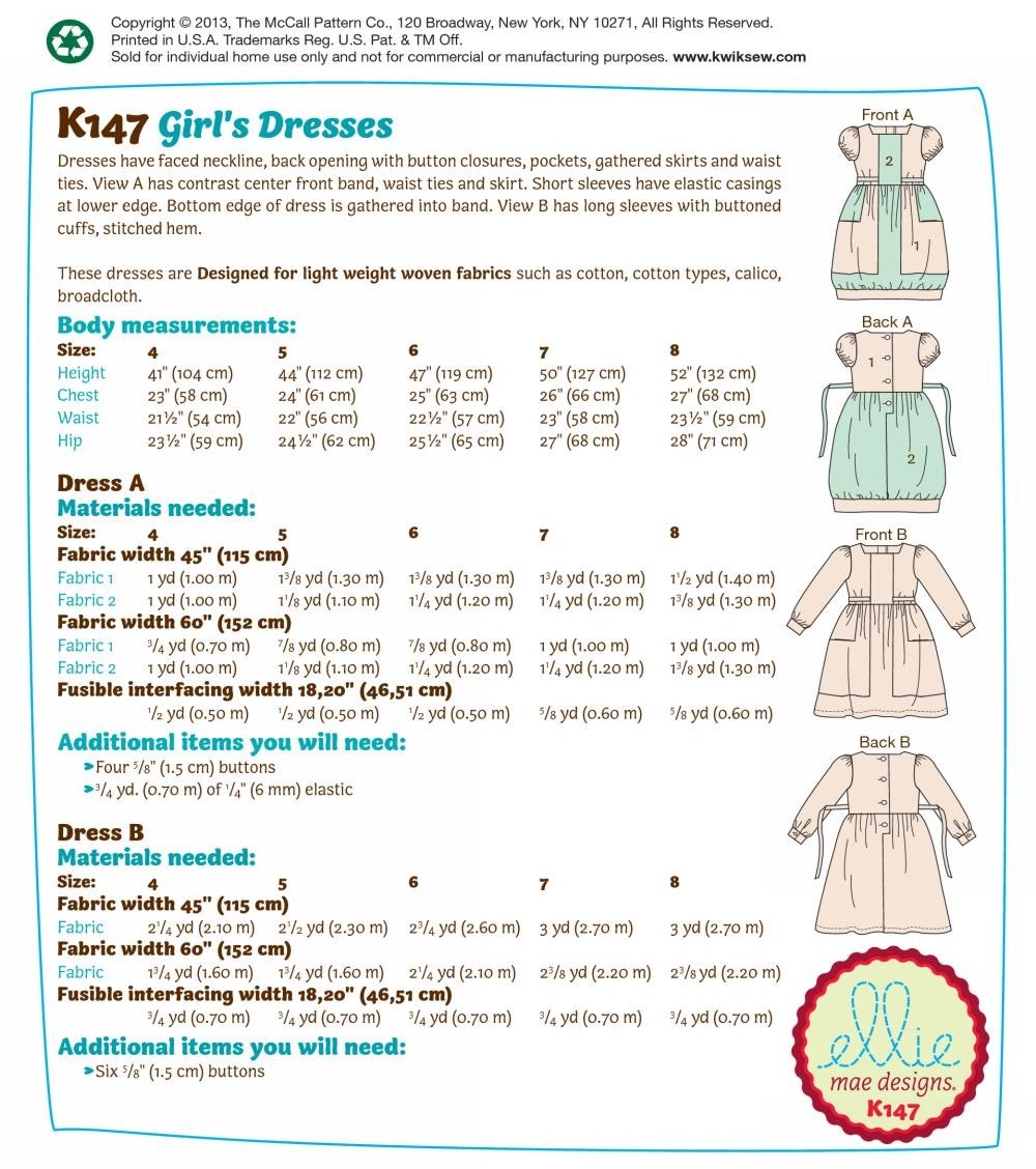 Kwik Sew 0147 Girls' Dresses