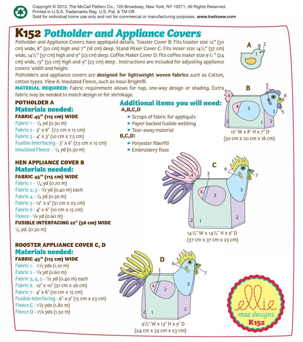 Kwik Sew Pattern K4292 Appliance Covers, Potholders and Oven Mitts 