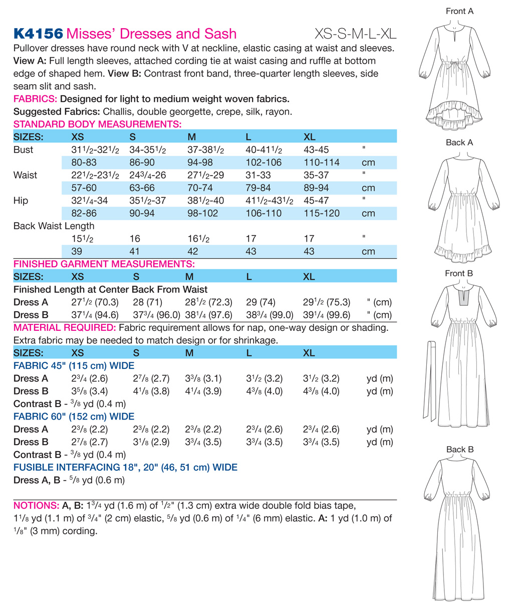 Kwik Sew 4156, Misses' Pullover Dresses and Sash Sewing Pattern, Uncut/ff,  Misses' Sizes XS S M L XL, Kwik Sew K4156 