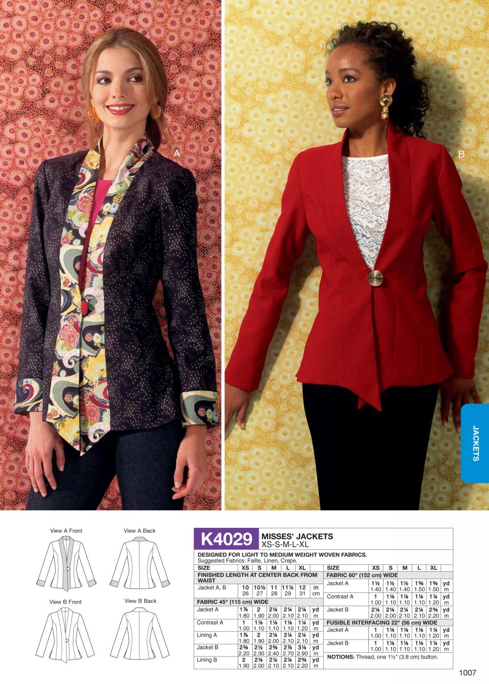 Kwik Sew Sewing Pattern 1761 Misses Jackets Size XS S M L XL UNCUT