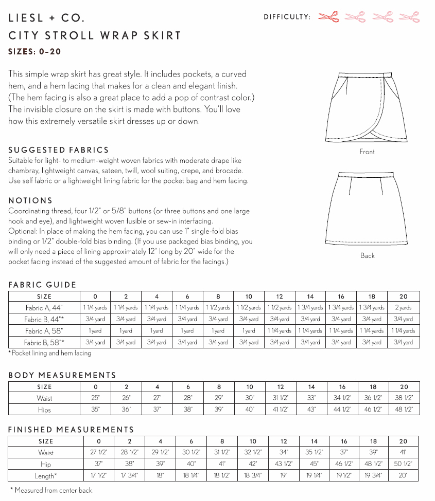 Liesl + Co. LC014CS City Stroll Wrap Skirt Downloadable Pattern