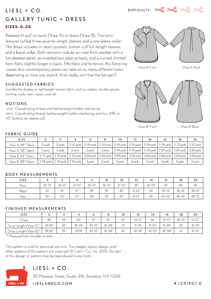 Liesl + Co. LC015GT Gallery Tunic and Dress Downloadable Pattern
