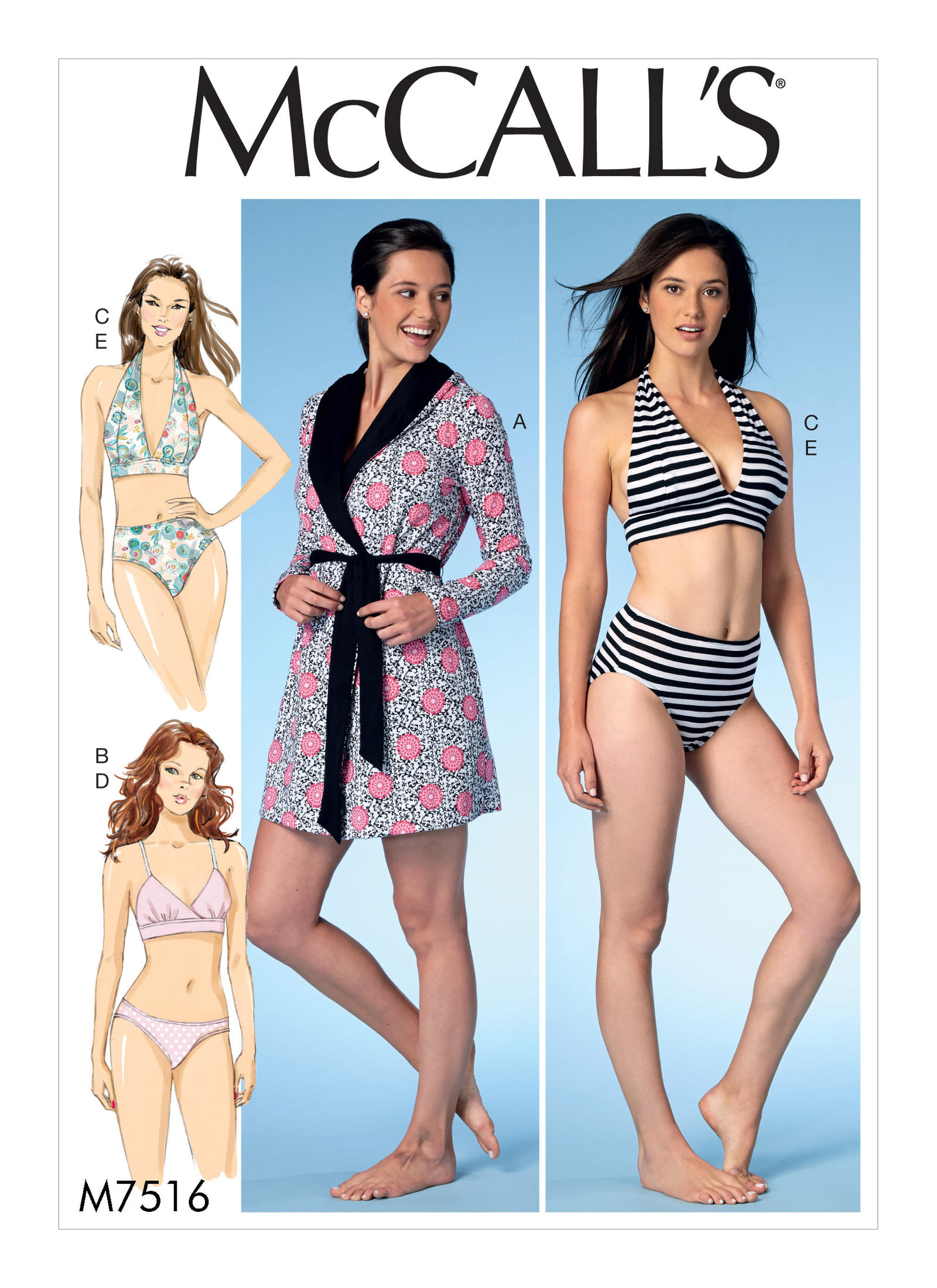 McCall's 7516 Misses' Robe with Hood, Belt, T-Back or Halter Bras, and  Panties