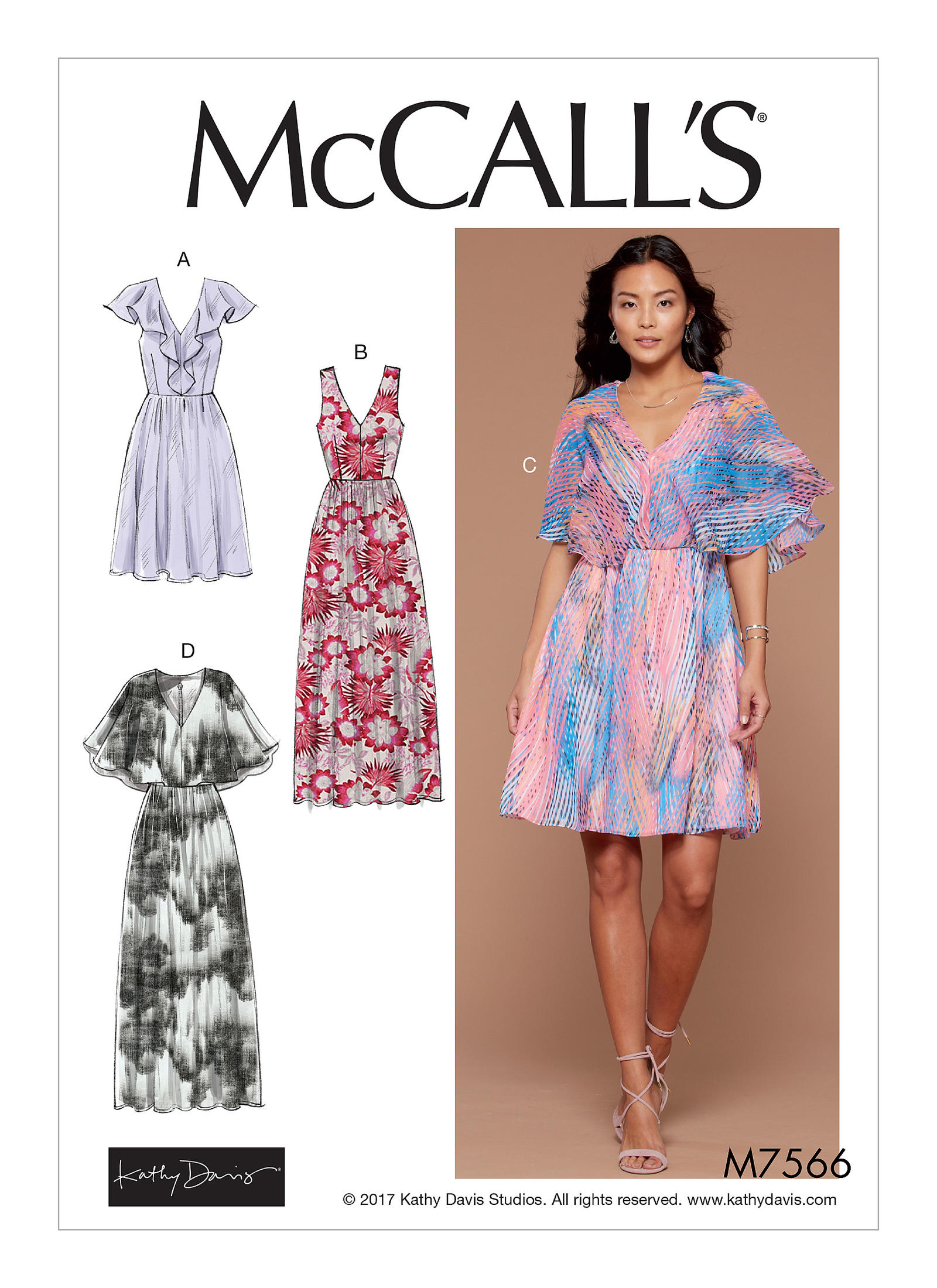 McCall's 7566 Misses' V-Neck, Ruffle, and Cape-Style Dresses