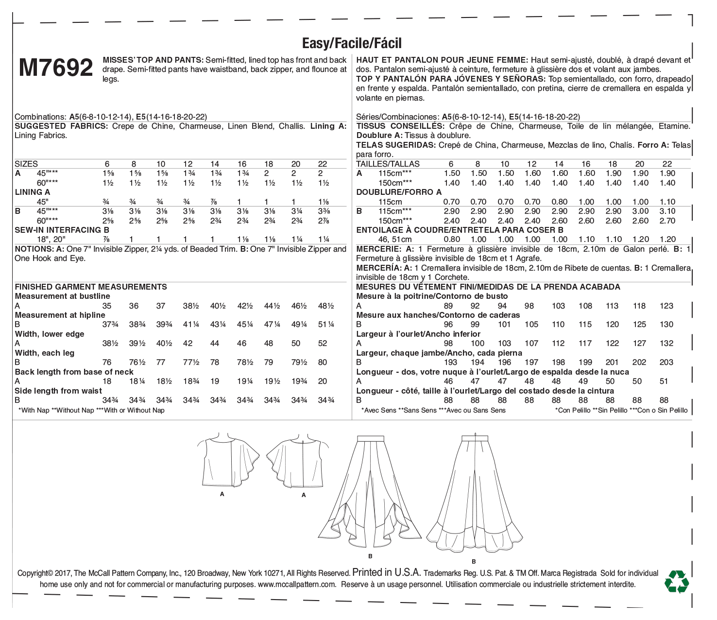 McCall's 7692 Misses' Draped Top and Flounced Pants