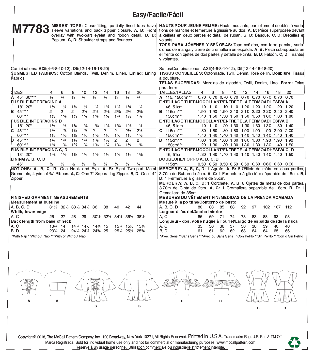 McCall's 7783 Misses' Tops