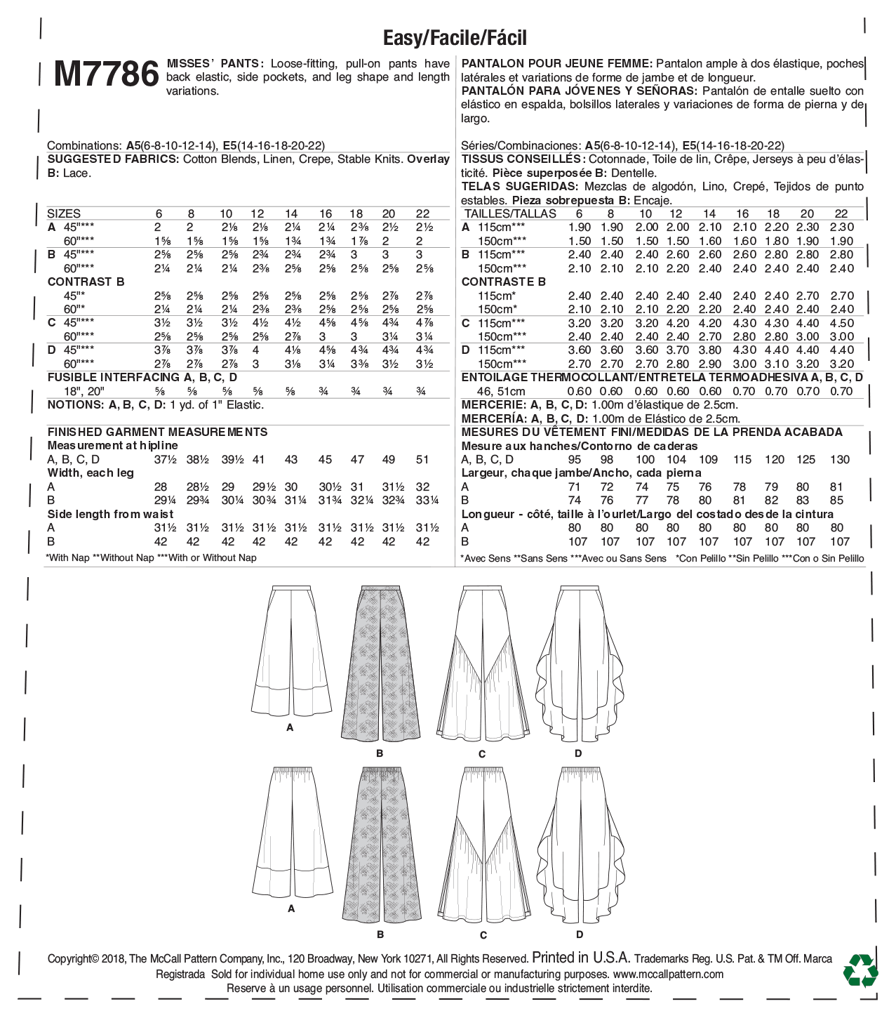 3686 Sewing Pattern Misses Pants Size 6, 8, 10, 12, 14