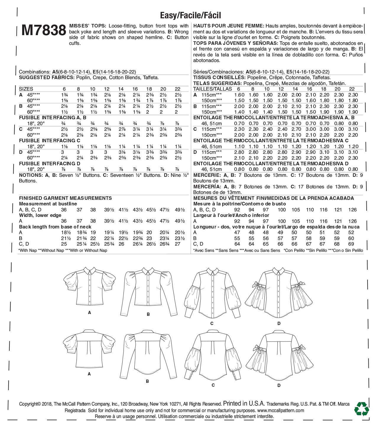 McCall's 7838 Misses' Tops