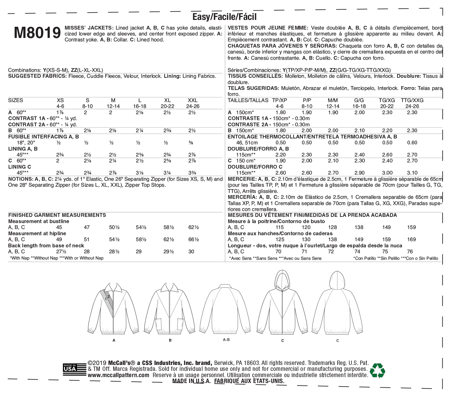 McCall/'s 8019 Misses/' Jackets Sewing Pattern
