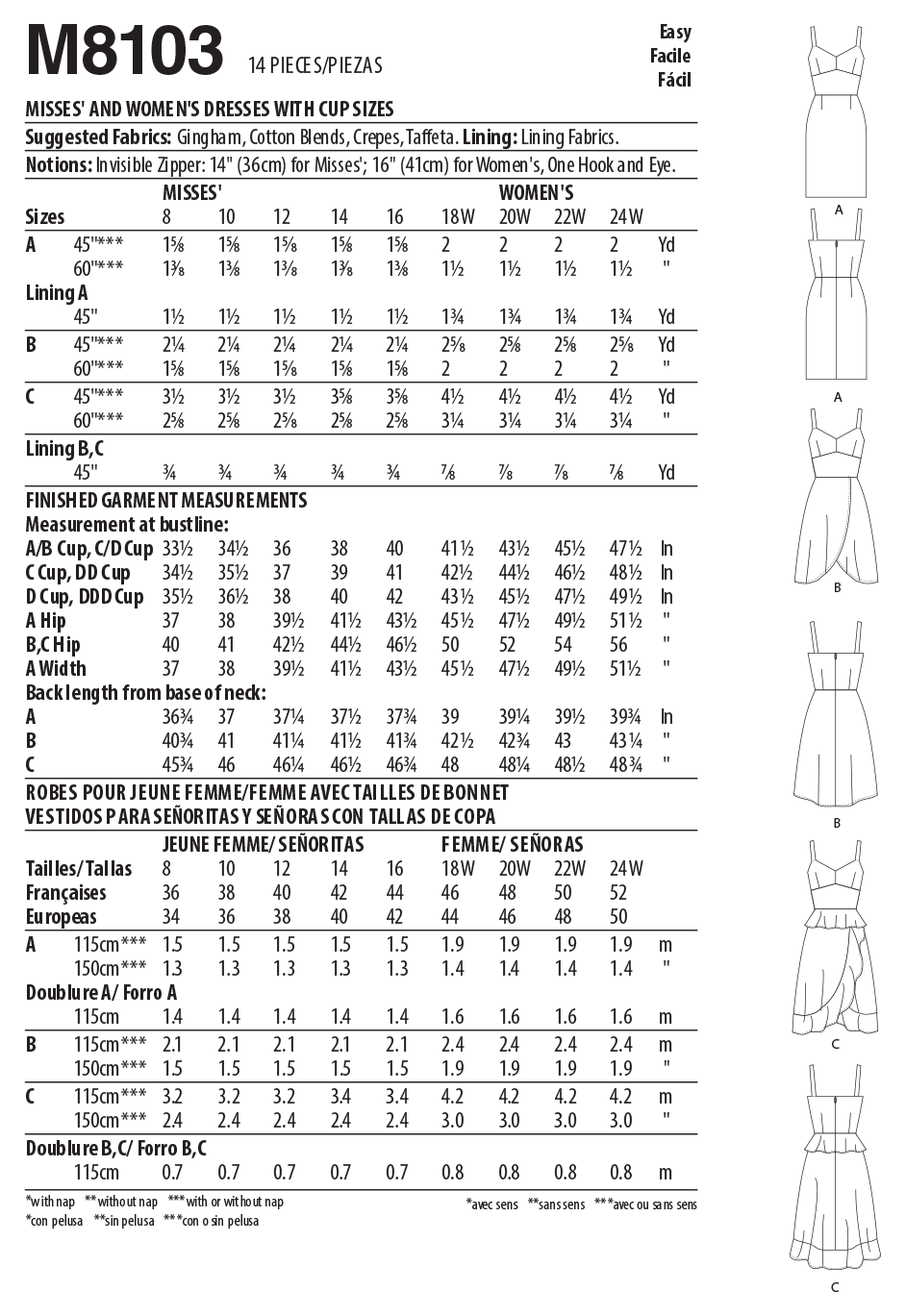 McCalls 8103 Womens Plus Dresses Sewing Pattern Sz 18W-24W