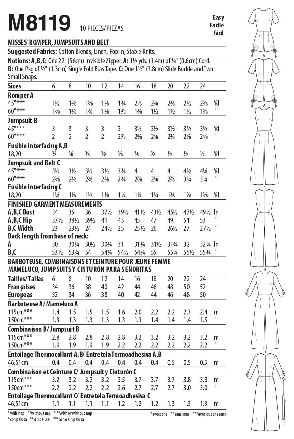 Sleeve Variants Two Lengths Jumpsuit McCalls Sewing Pattern M8119 Jumpsuit