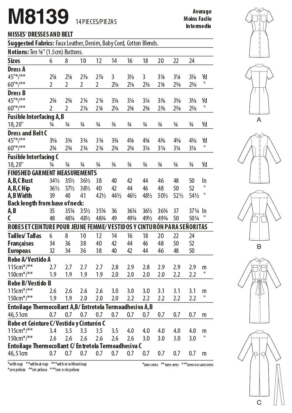 McCalls 8139 Misses Dresses Belt Sewing Pattern Sz 6-14 