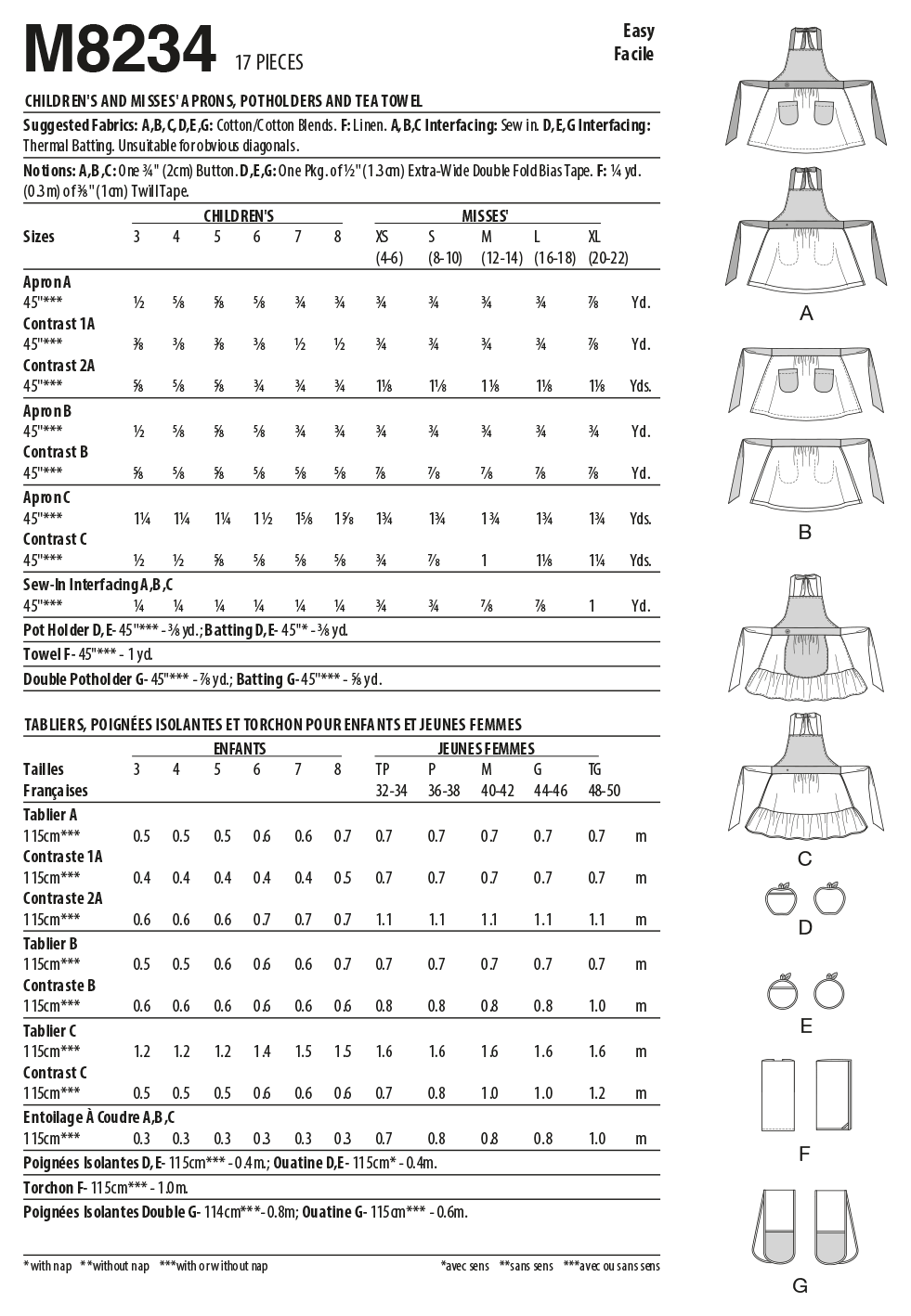 McCall's 8234 Children's and Misses' Aprons, Potholders and Tea Towel