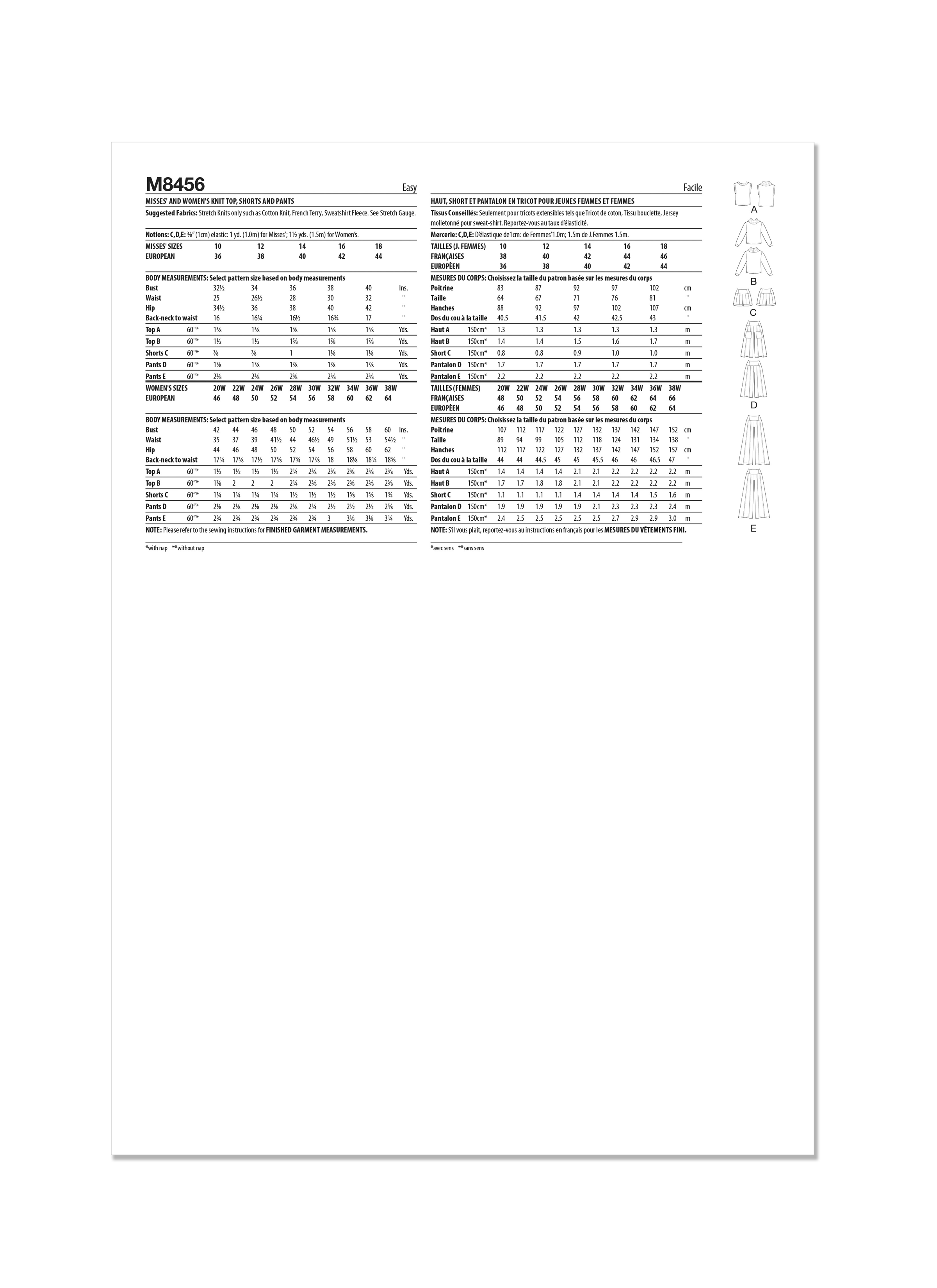 McCall's 8456 Misses' and Women's Knit Top, Shorts and Pants