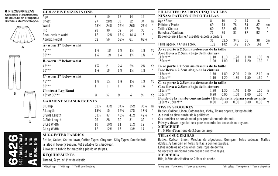 UNCUT New Look S0276 / 6426 Sewing Pattern. Girls and Tweens Skirt, Leggings,  and Cropped Leggings. Pedal Pusher Leggings. 