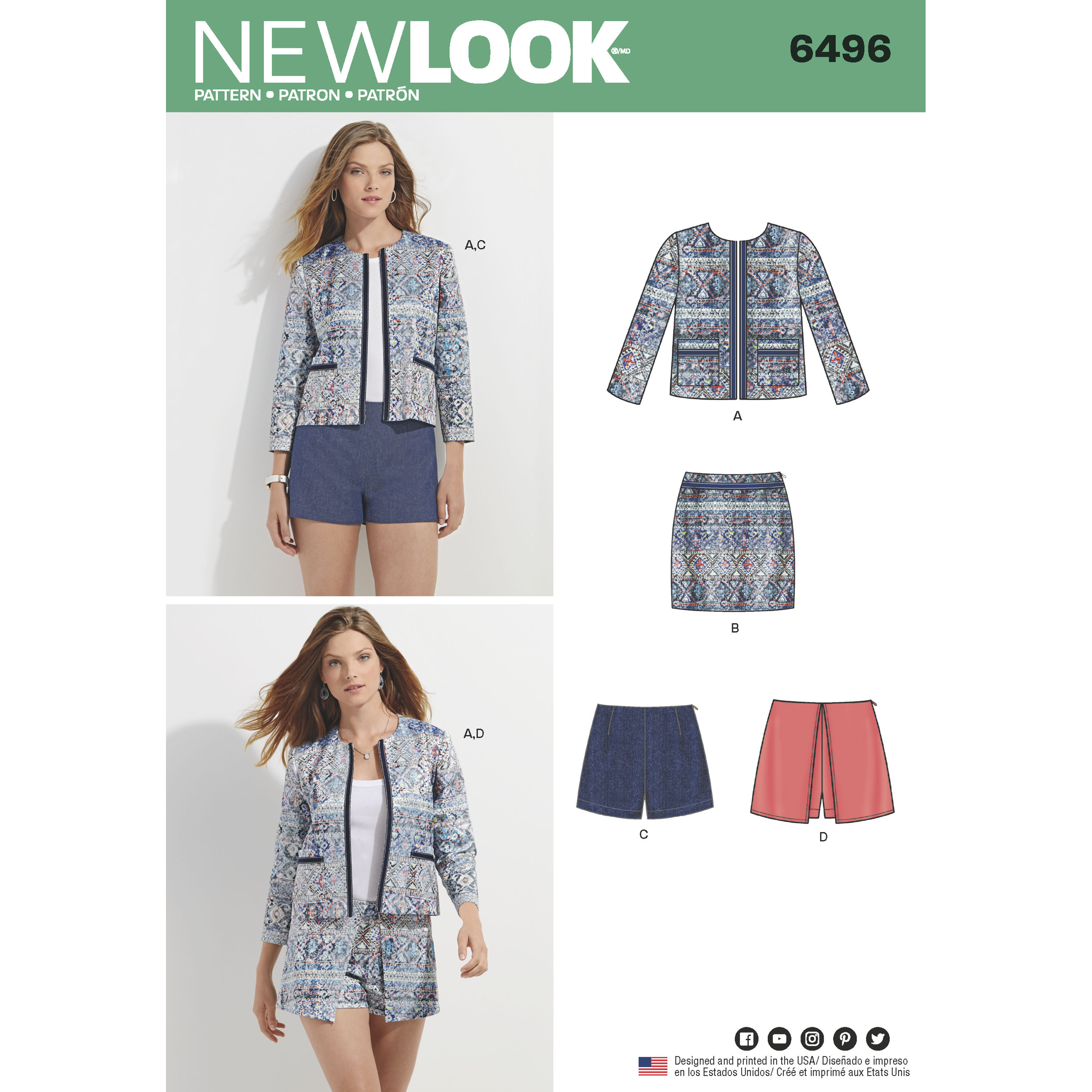 New Look Ladies Sewing Pattern 6496 Jacket Skort Shorts & Skirt