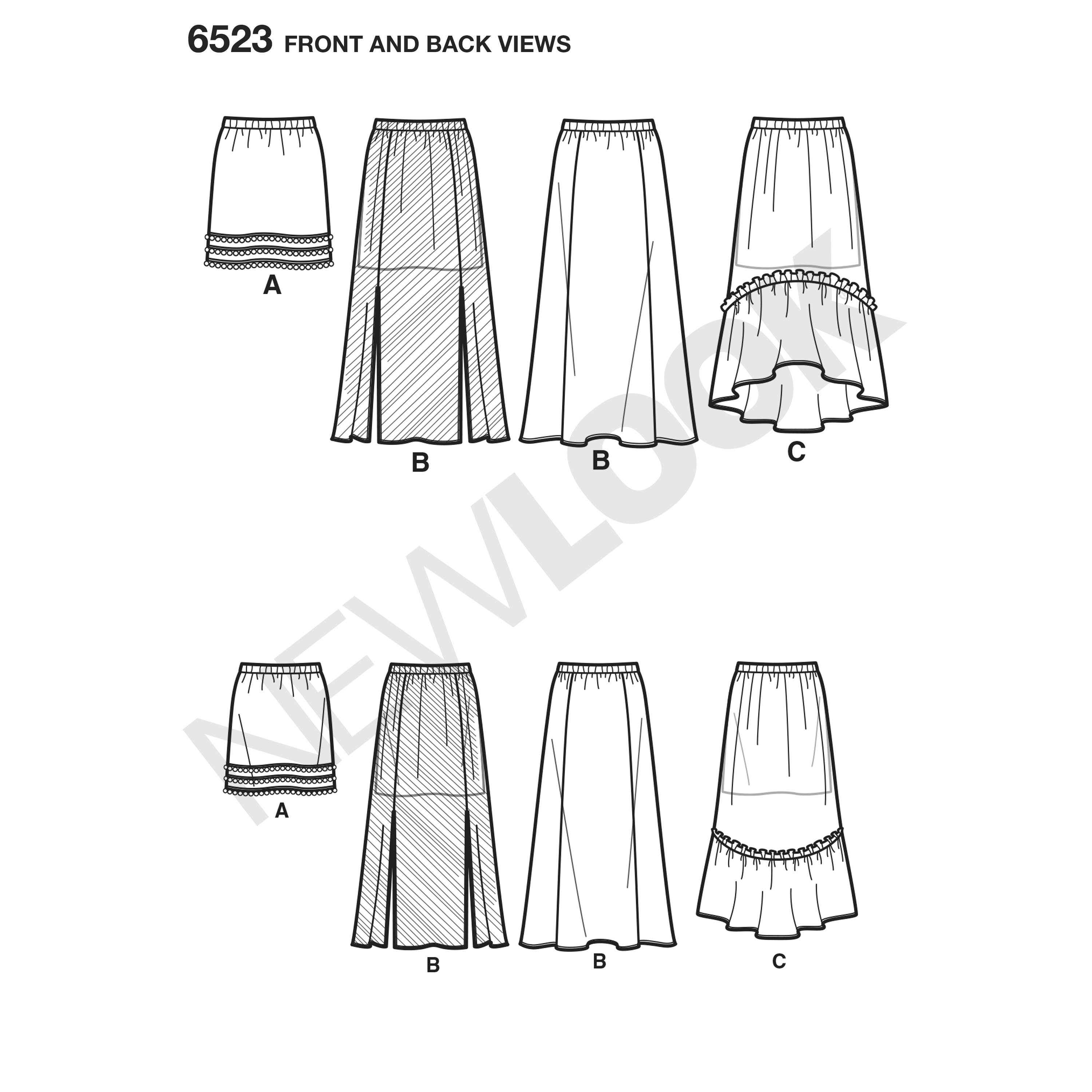 New Look 6523 Girls' Skirts with Length and Fabric Variations