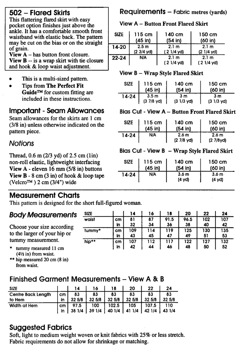 Petite Plus Patterns 502 Flared Skirts Downloadable Pattern