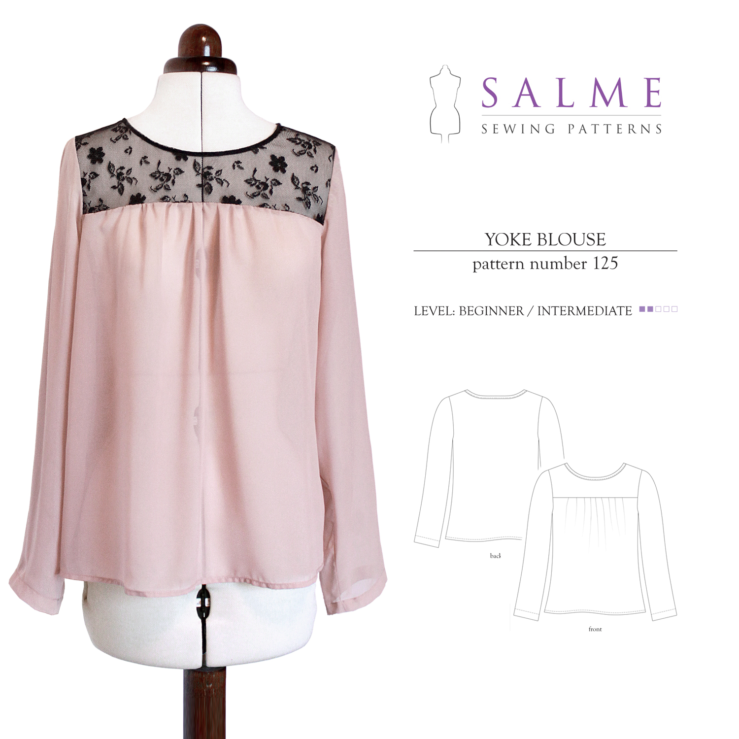 jahit cara Downloadable Blouse Salme Pattern Sewing Yoke 125 Patterns